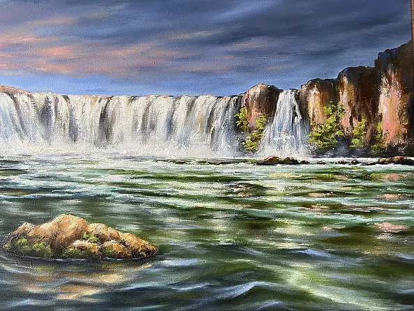 Yana Yeremenko - "La magia della cascata" dipinto a olio, paesaggio
