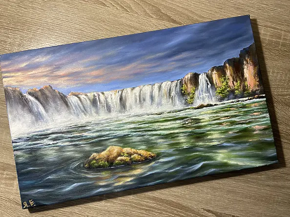 Yana Yeremenko - "La magia della cascata" dipinto a olio, paesaggio