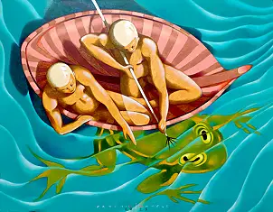 federico cortese, La capture de la grenouille géante, Peinture à l'huile - papier, 38 x 30