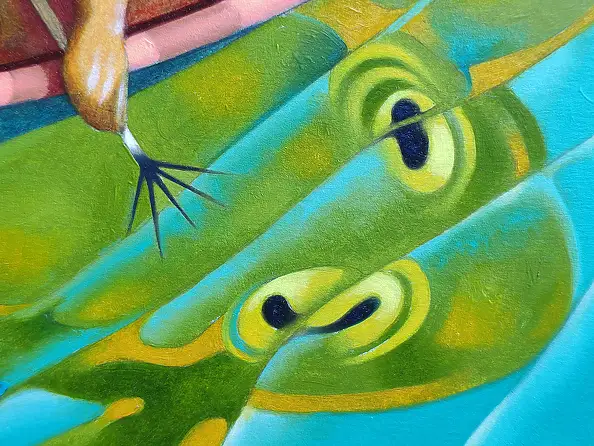 federico cortese, La capture de la grenouille géante, Peinture à l'huile - papier, 38 x 30