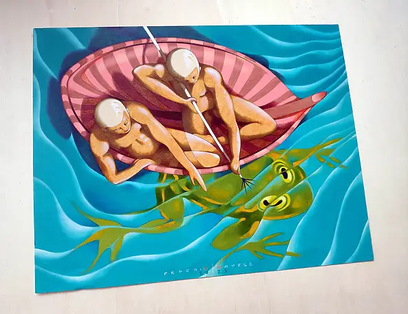 federico cortese, La capture de la grenouille géante, Peinture à l'huile - papier, 38 x 30