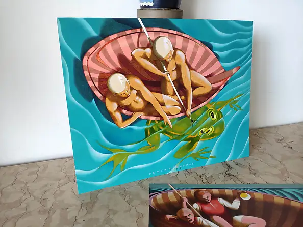 federico cortese, La capture de la grenouille géante, Peinture à l'huile - papier, 38 x 30