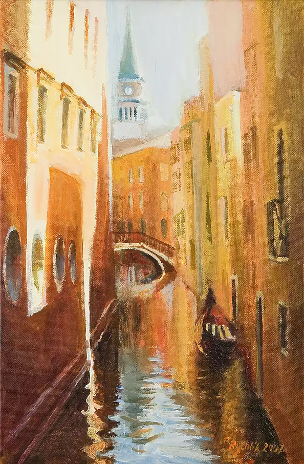 Renata Rychlik - Venetian canal with a tower in the background