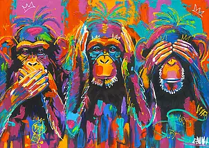 Emma Chodorowska, ,,Three Monkeys", Obraz akrylowy - płótno, 120 x 85