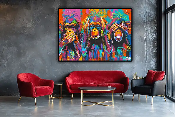 Emma Chodorowska, ,,Three Monkeys", Obraz akrylowy - płótno, 120 x 85