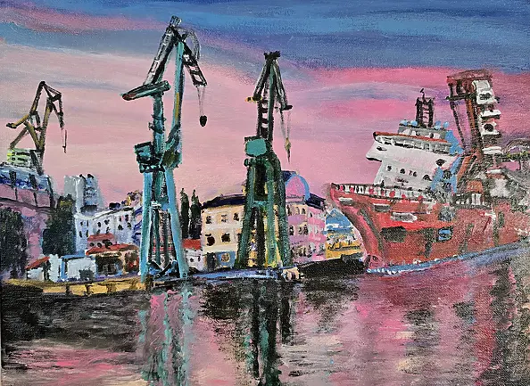 Krystyna Mościszko - Torpedo Station, Gdańsk, 30x40x1cm acrylic on canvas