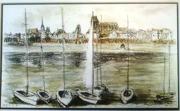 Jacek Kamiński - Toruń, panorama nad Wisłą z żaglówkami