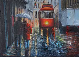   - Tram and couple with umbrella