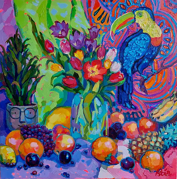 Anastasiia Kurkova, Tropikalny Śpiew, Obraz olejny - płótno, 90 x 90