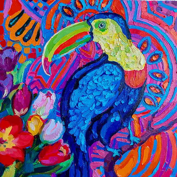 Anastasiia Kurkova, Tropikalny Śpiew, Obraz olejny - płótno, 90 x 90