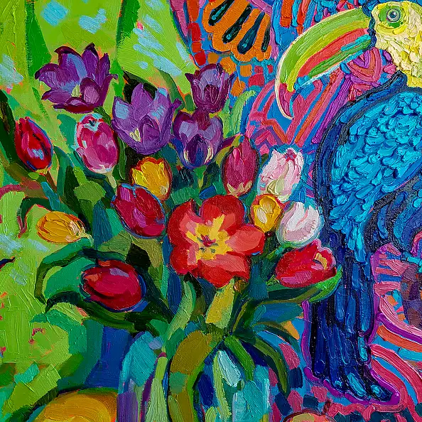 Anastasiia Kurkova, Tropikalny Śpiew, Obraz olejny - płótno, 90 x 90