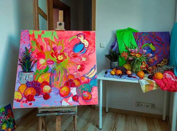 Anastasiia Kurkova, Tropikalny Śpiew, Obraz olejny - płótno, 90 x 90