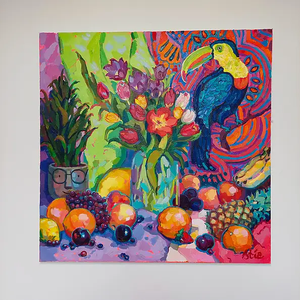 Anastasiia Kurkova, Tropikalny Śpiew, Obraz olejny - płótno, 90 x 90