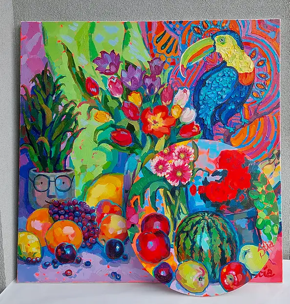 Anastasiia Kurkova, Tropikalny Śpiew, Obraz olejny - płótno, 90 x 90