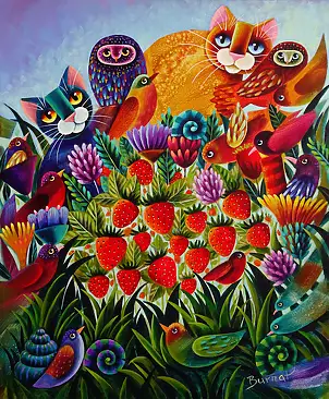 Wiesława Burnat, Truskawkowa fiesta, Obraz akrylowy - płótno, 50 x 60