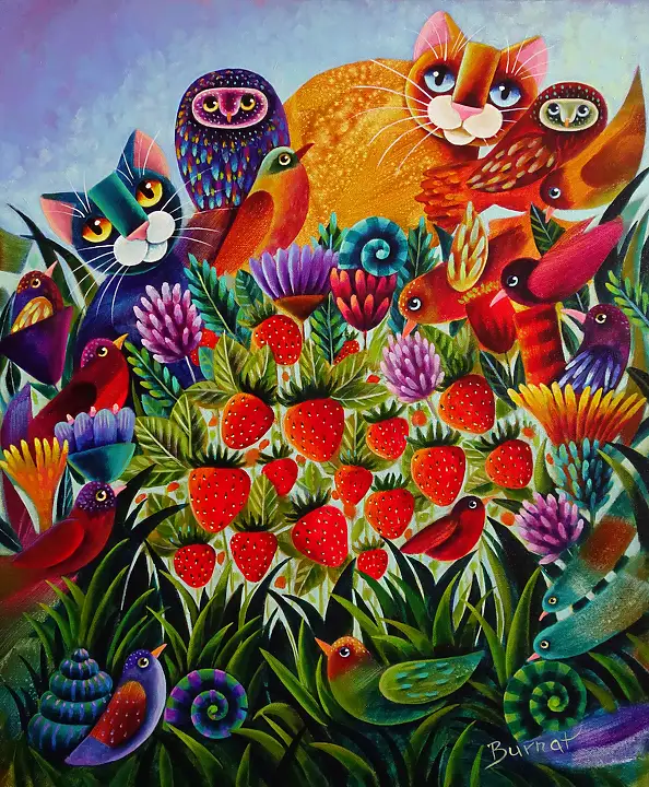 Wiesława Burnat, Truskawkowa fiesta, Obraz akrylowy - płótno, 50 x 60