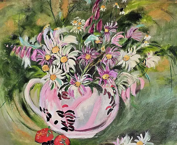 Ewa Mościszko, Truskawkowe lato na plotnie, Obraz akrylowy - płótno, 50 x 40