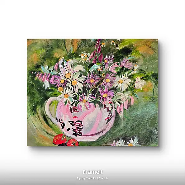 Ewa Mościszko, Truskawkowe lato na plotnie, Obraz akrylowy - płótno, 50 x 40