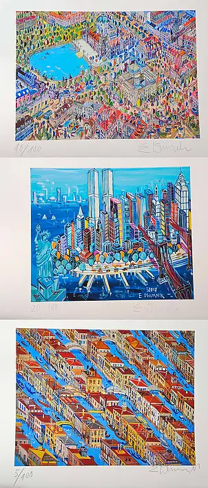 Edward Dwurnik, Triptych: Hanover, N.Y., Venice - INKOGRAFIE, Inkography - paper, 40 x 90