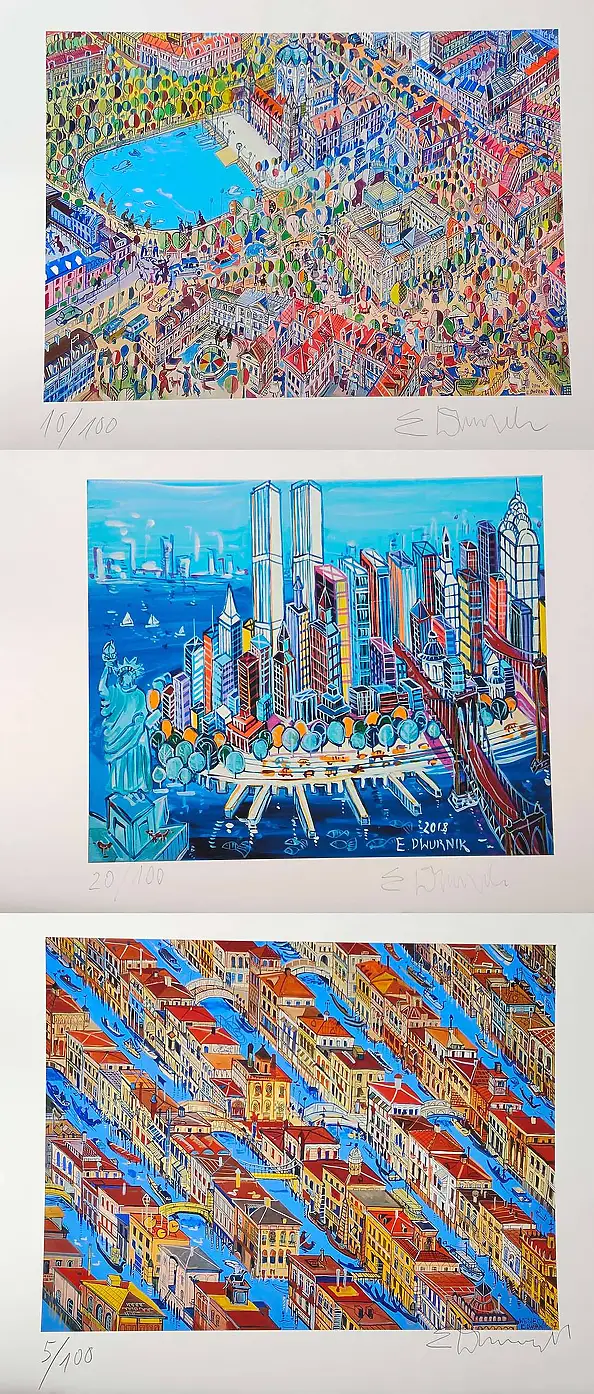 Edward Dwurnik, Triptych: Hanover, N.Y., Venice - INKOGRAFIE, Inkography - paper, 40 x 90