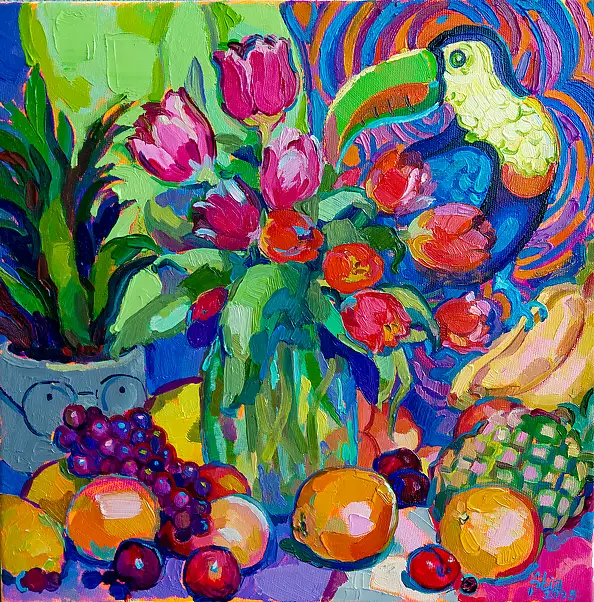 Anastasiia Kurkova, Tukanowy Raj, Obraz olejny - płótno, 40 x 40