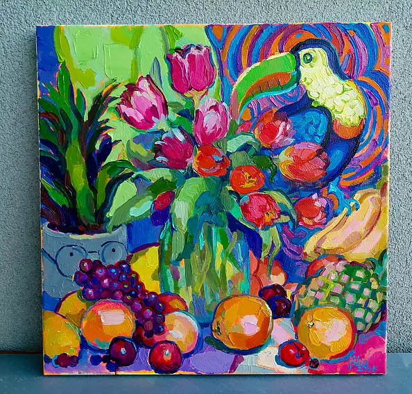 Anastasiia Kurkova, Tukanowy Raj, Obraz olejny - płótno, 40 x 40