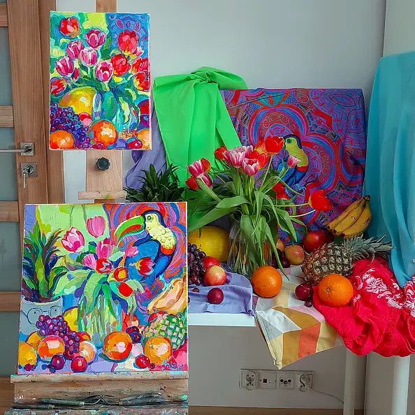 Anastasiia Kurkova, Tukanowy Raj, Obraz olejny - płótno, 40 x 40