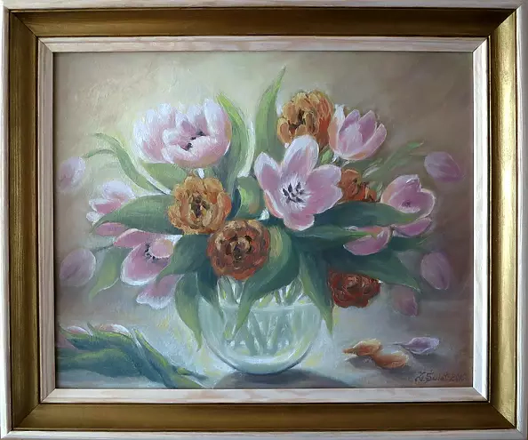 Zofia Świat - Tulips in a glass vase