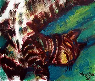 Marzena Salwowska, Twój rudy kot na swoim szmaragdowym dywanie, Obraz olejny - papier, 34 x 30