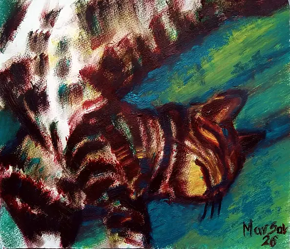 Marzena Salwowska, Twój rudy kot na swoim szmaragdowym dywanie, Obraz olejny - papier, 34 x 30