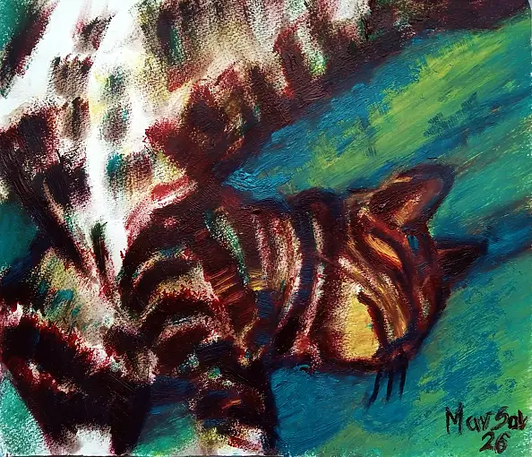 Marzena Salwowska, Twój rudy kot na swoim szmaragdowym dywanie, Obraz olejny - papier, 34 x 30