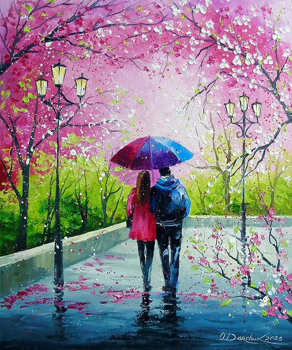 Olha Darchuk, Under the Umbrella of Spring, Obraz olejny - płótno, 50 x 60