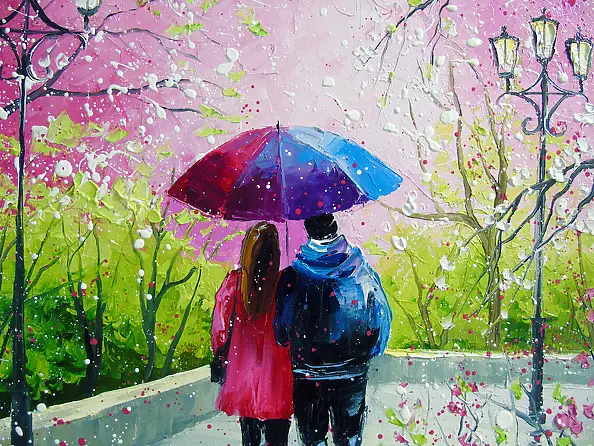 Olha Darchuk, Under the Umbrella of Spring, Obraz olejny - płótno, 50 x 60