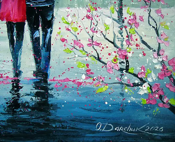 Olha Darchuk, Under the Umbrella of Spring, Obraz olejny - płótno, 50 x 60