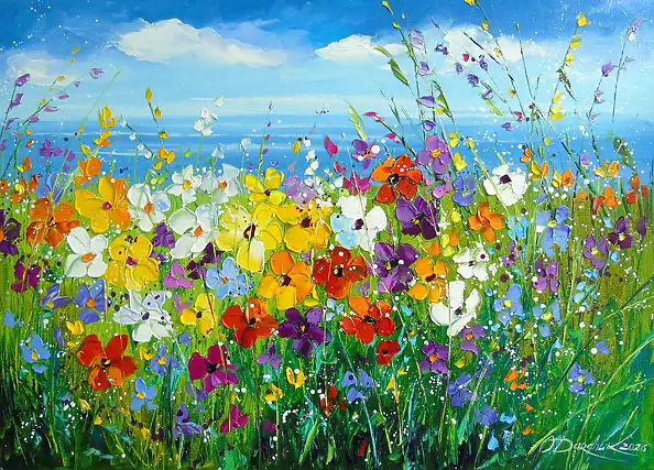 Olha Darchuk, Vibrant Wildflower Meadow, Oil painting - canvas, 70 x 50