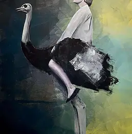 Michal Widelski, FRAU UND STRAUSS, Acrylgemälde, Ölbild - Leinwand, 100 x 150