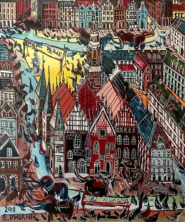 Edward Dwurnik - WROCŁAW (ZOO - Uwolnić Słonie) - OBRAZ OLEJNY