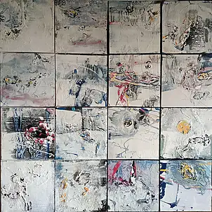 Dorota Jabłońska, W korytarzu zaćmień. Kompozycja pejzażowa, Obraz akrylowy, Obraz olejny, Techniki mieszane - płótno, 116 x 116