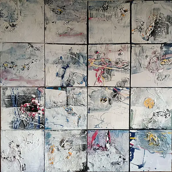 Dorota Jabłońska, W korytarzu zaćmień. Kompozycja pejzażowa, Obraz akrylowy, Obraz olejny, Techniki mieszane - płótno, 116 x 116