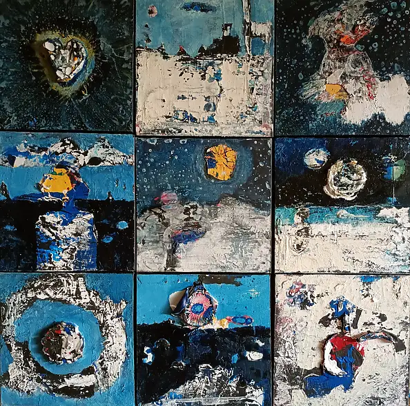 Dorota Jabłońska, W korytarzu zaćmień. Pojezierze wspomnień, Obraz akrylowy, Obraz olejny, Techniki mieszane - płótno, 87 x 87