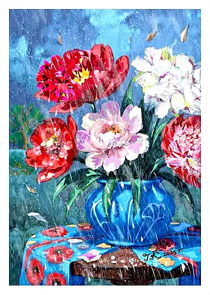 Teresa Kopańska - Au milieu du jardin, des pivoines reposaient dans un pichet