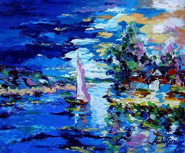 Jerzy Stachura - Waraksowy pond with a sailboat