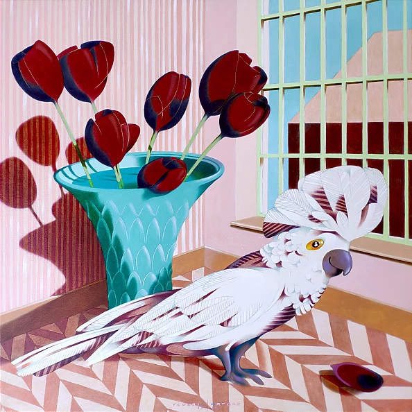 federico cortese - White cockatoo and black tulips