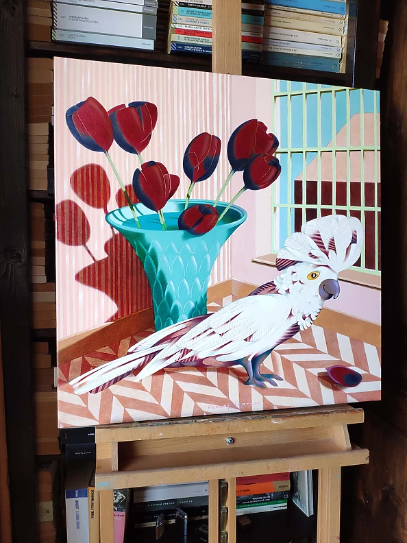 federico cortese - White cockatoo and black tulips