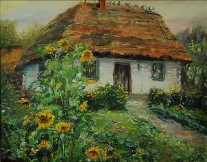   - Rural cottage with sunflowers.