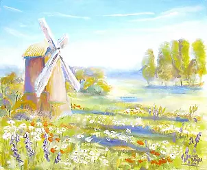 Anna Baryła - Windmühle auf einer Blumenwiese