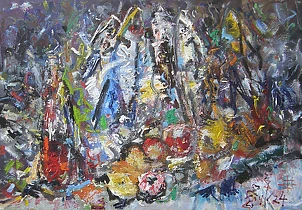 Eryk Maler - Wine, fish, fruit, 70x100
