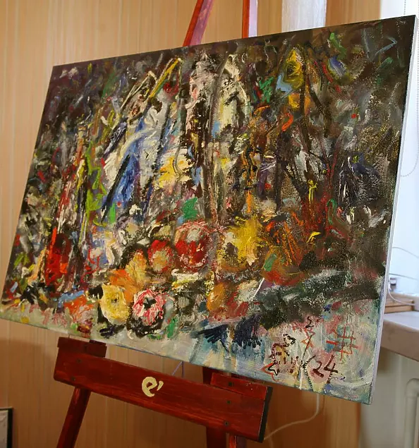 Eryk Maler - Wine, fish, fruit, 70x100