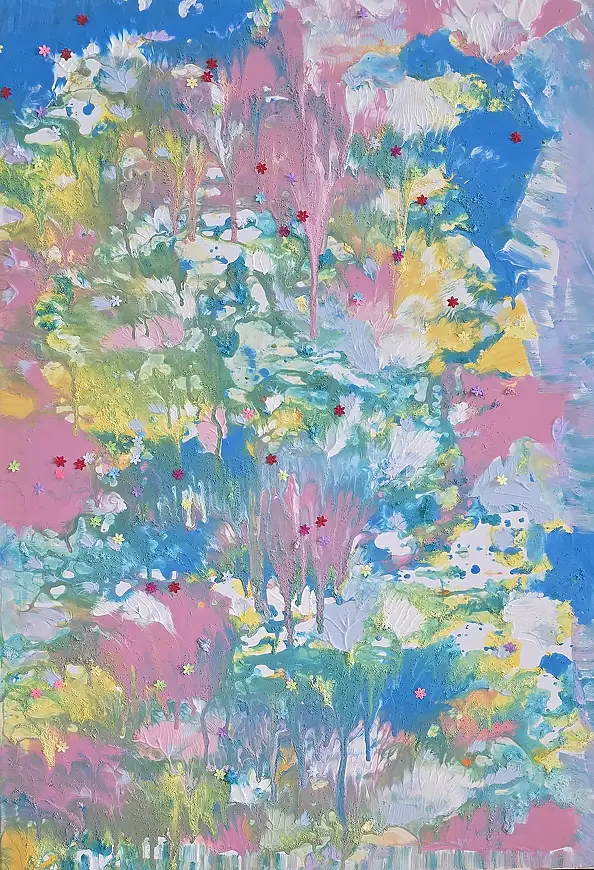Ewa Mościszko, Composizione primaverile su tela 100x70x1 cm kzady, Dipinto acrilico - tela, 70 x 100