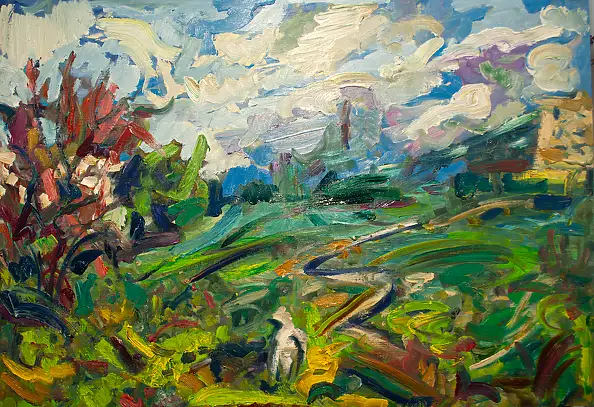 Marcin Stępniowski, A spring walk with the dog around the estate, Oil painting - panel, 100 x 70